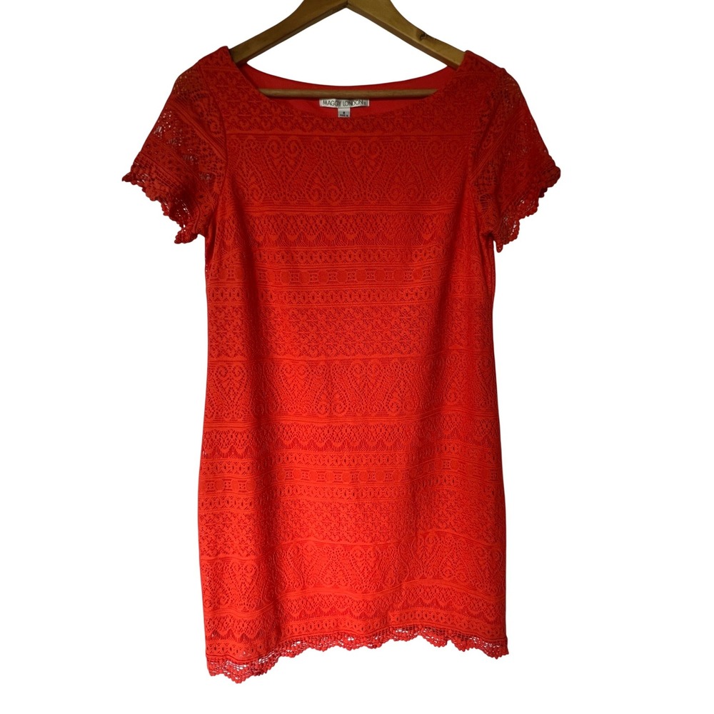 Maggy London Orange Crochet Lace Shift Dress Short Sleeve Pom Pom Trim Size 8